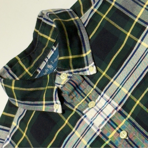 Ralph Lauren Men's Green Blue Yellow Tartan Plaid Oxford Shirt Size 17 Excellent - Picture 2 of 9